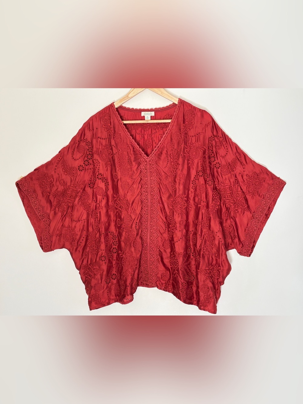 Sundance Embroidered Lace Vneck Kimono Top Size XL Bohemian Lagenlook Fall *E24